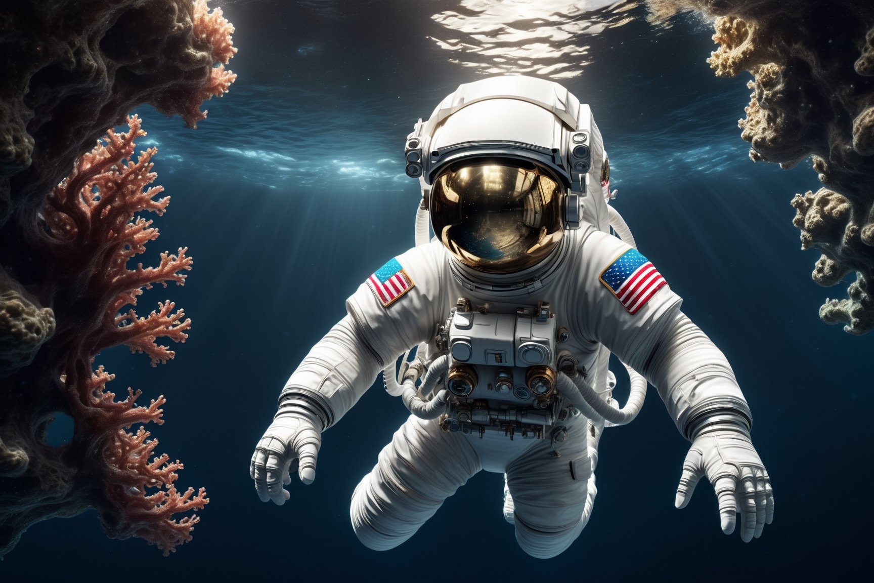 surreal photography High-definition photorealistic rendering of an astronaut in the intricately luxurious depths of the sea.