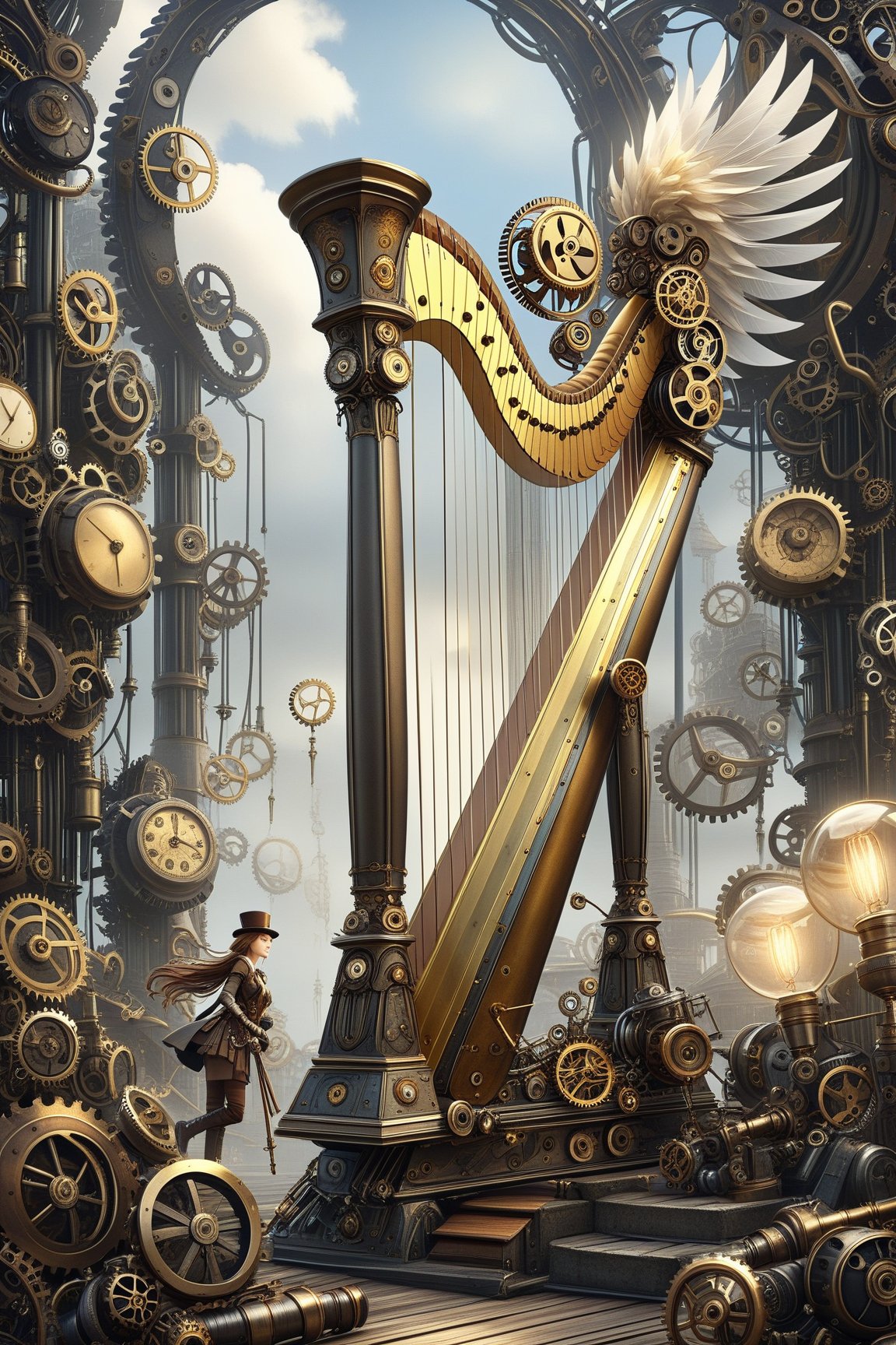 create a beautiful magical steampunk fantasy scene where you can evidence,A mechanical harp producing harmonious, healing melodies that connect the soul with tranquility.,.Mechanical,DonMSt34mPXL