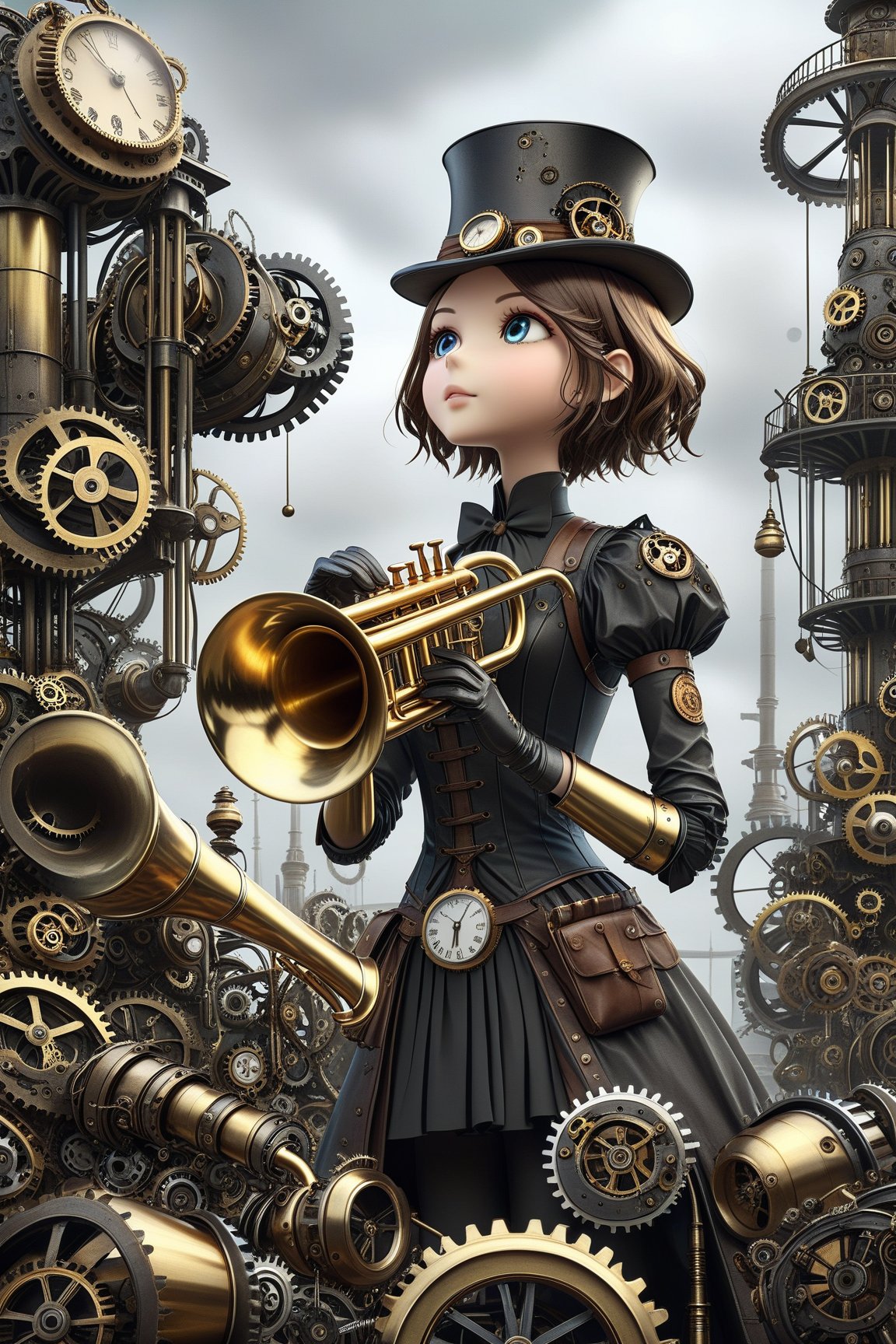 create a beautiful magical steampunk fantasy scene where you can evidence a trumpet.,.Mechanical,DonMSt34mPXL