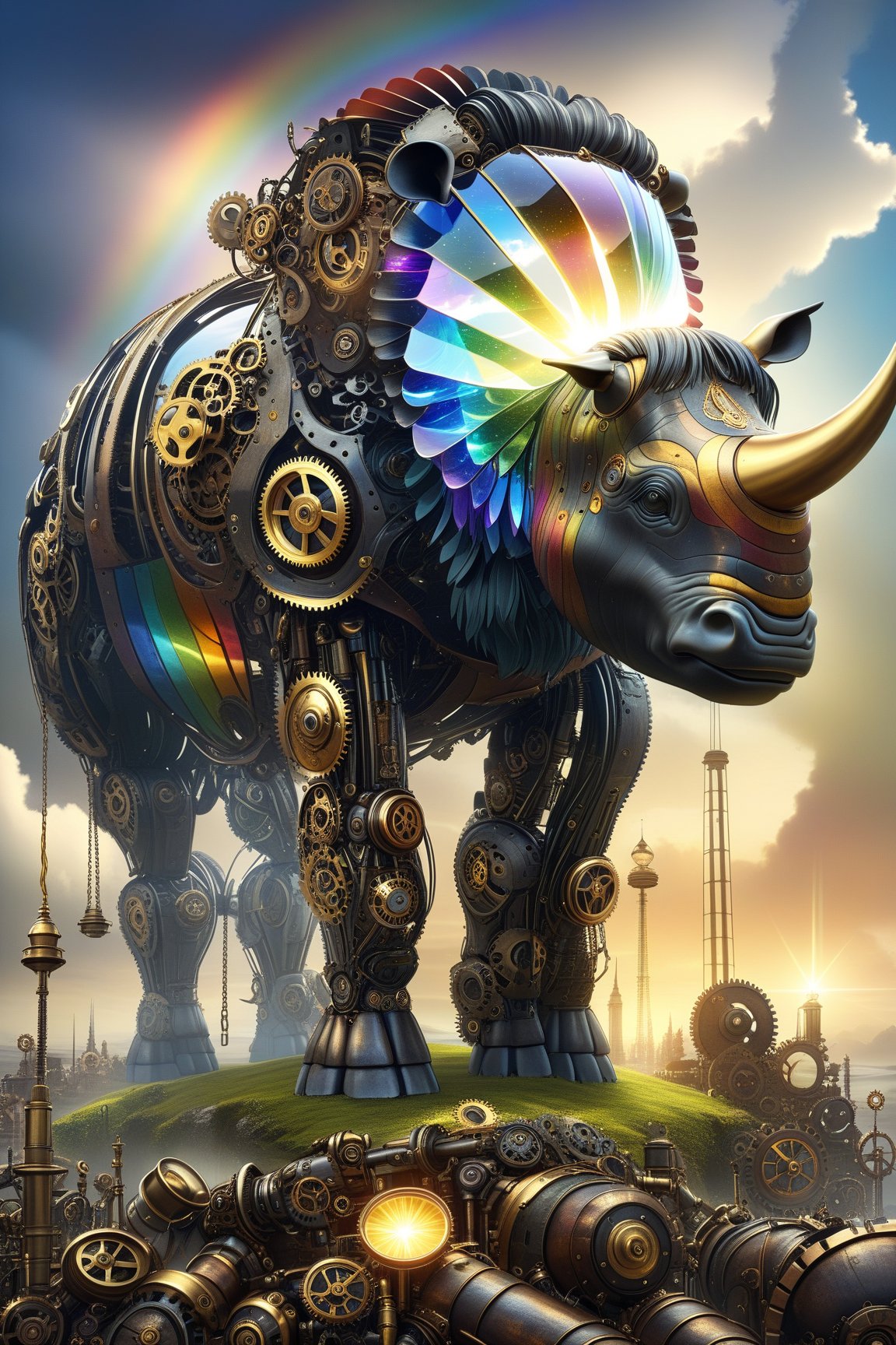 create a beautiful magical steampunk fantasy scene where you can evidence,A steampunk crystal prism refracting light into an endless rainbow of vibrant colors.,Mechanical,DonMSt34mPXL