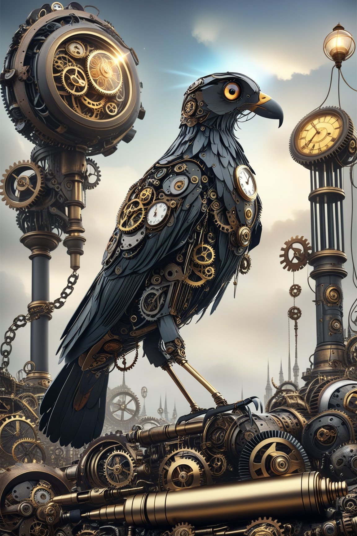 create a beautiful magical steampunk fantasy scene where you can evidence, A mechanical pen that never runs out of ink, emitting flashes of constant creativity..,Mechanical,DonMSt34mPXL