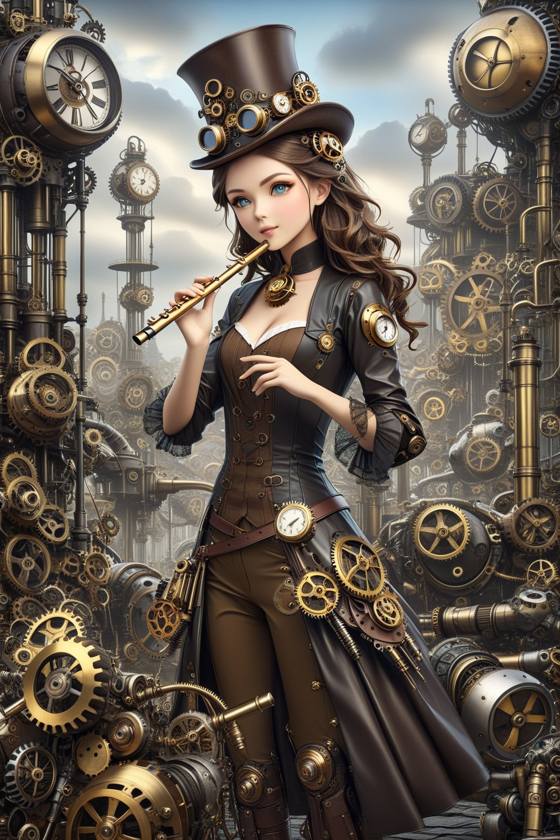 create a beautiful magical steampunk fantasy scene where you can evidence a flute.,.Mechanical,DonMSt34mPXL