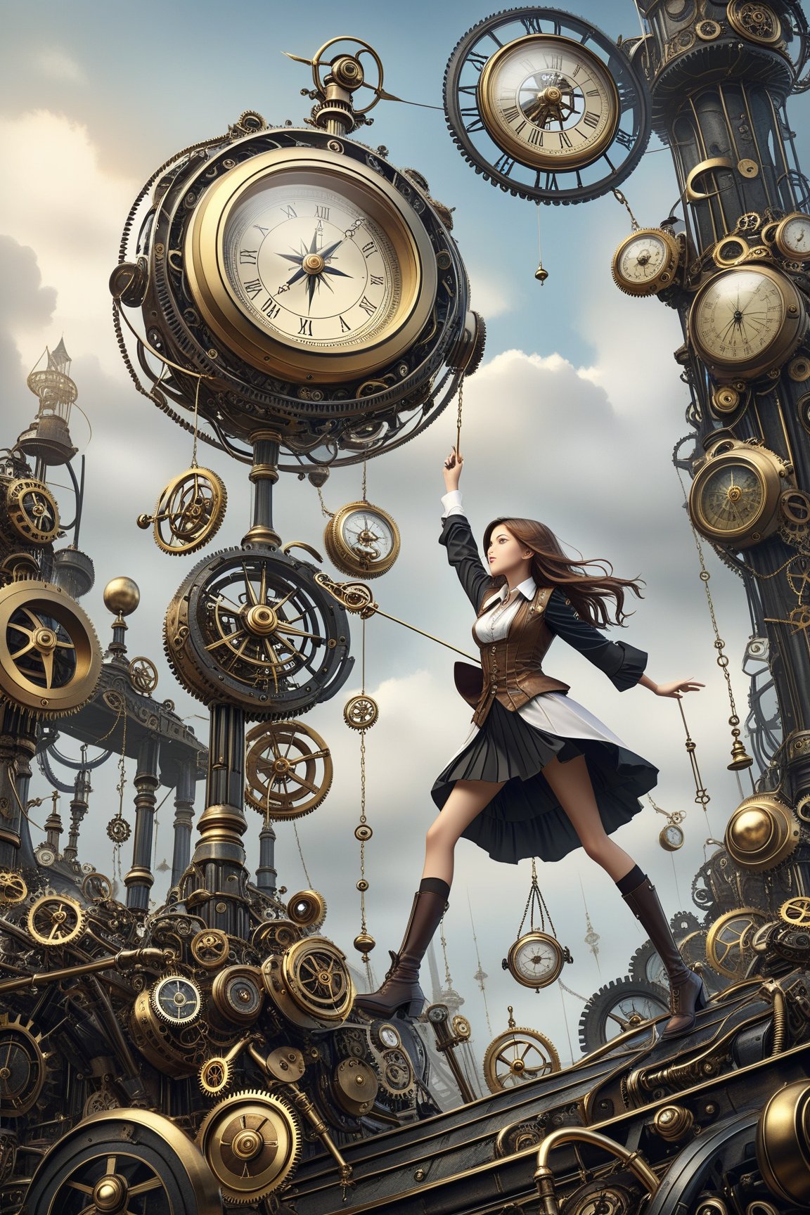 create a beautiful magical steampunk fantasy scene where you can evidence, A compass with a swinging pendulum pointing the right direction even amidst confusion. ,.Mechanical,DonMSt34mPXL