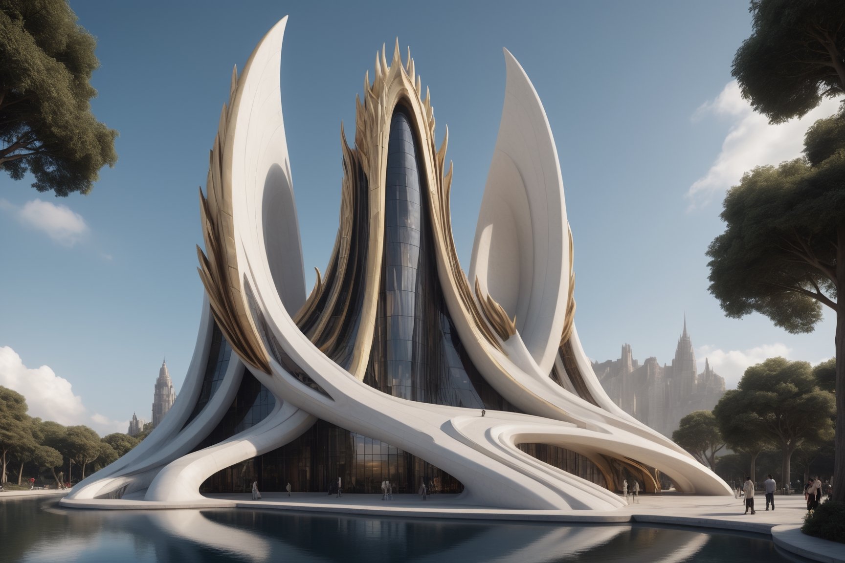 High-definition photorealistic render of an exterior vertical sculptural casttle in parametric architecture, with pointed, dragon-wing-like symmetrical curves inspired by the constructions of Zaha Hadid. A luxurious design featuring marble, glass, and golden metal, with black and white details. The design is inspired by the main stage of Tomorrowland 2022, with ultra-realistic Art Deco details and a high level of intricacy in the image.