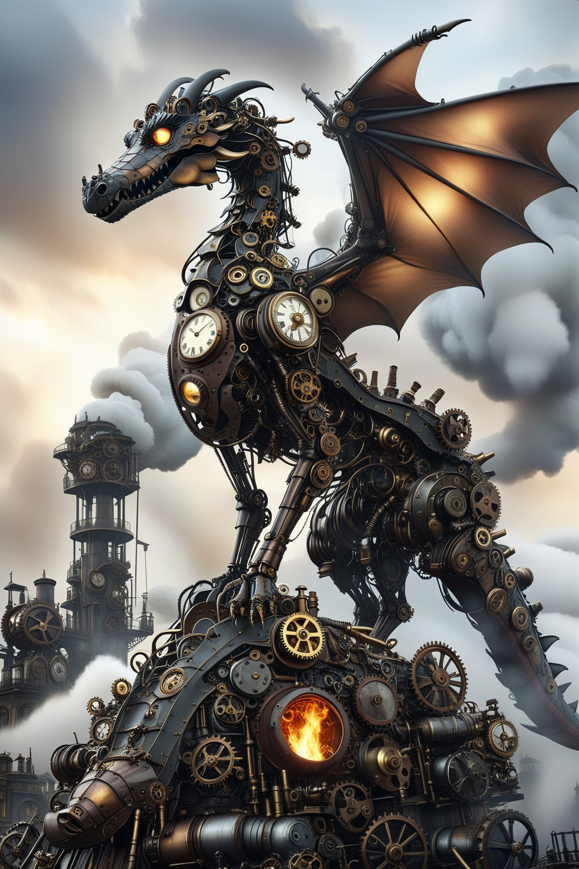 create a beautiful magical steampunk fantasy scene where you can evidence Un dragón mecánico exhalando nubes de vapor y fuego, volando sobre un paisaje urbano steampunk..Mechanical,DonMSt34mPXL