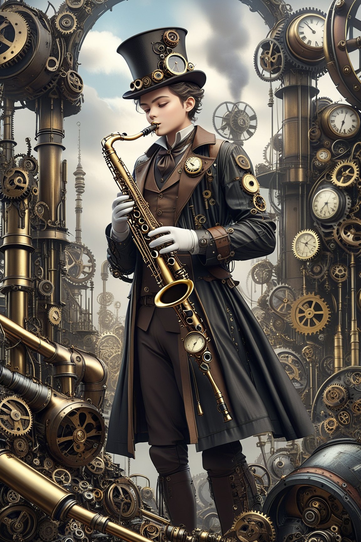 create a beautiful magical steampunk fantasy scene where you can evidence a clarinet,.Mechanical,DonMSt34mPXL