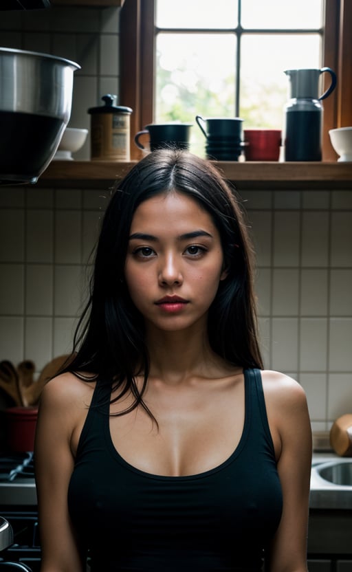 (masterpiece), (extremely intricate:1.3), (realistic), portrait of a girl, mixed-race (europe and asia), pointy nose, mid breast, sexy, the most beautiful in the world, white tanktop, upper body,black hair, indoors, intense sunlight, kitchen, professional photograph of a stunning woman detailed, sharp focus, dramatic, award winning, cinematic lighting, octane render, unreal engine, volumetrics dtx, (film grain)