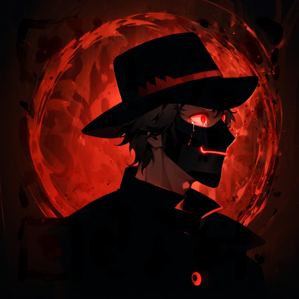 a silhouette of a handsome man wearing a hat, Black shadow inside a red circle, glowing red eyes, He wears a glowing red smiling mask, crying, crying_with_eyes_open