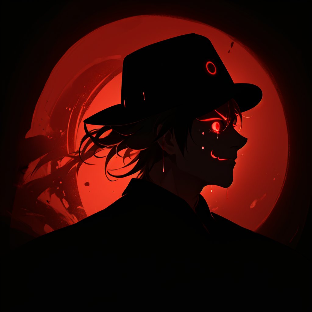 a silhouette of a handsome man wearing a hat, Black shadow inside a red circle, glowing red eyes, He wears a glowing red smiling mask, crying_tears