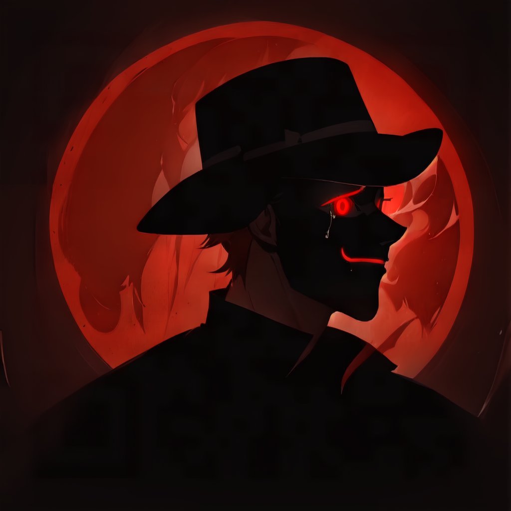 a silhouette of a handsome man wearing a hat, Black shadow inside a red circle, glowing red eyes, He wears a glowing red smiling mask, crying, crying_with_eyes_open