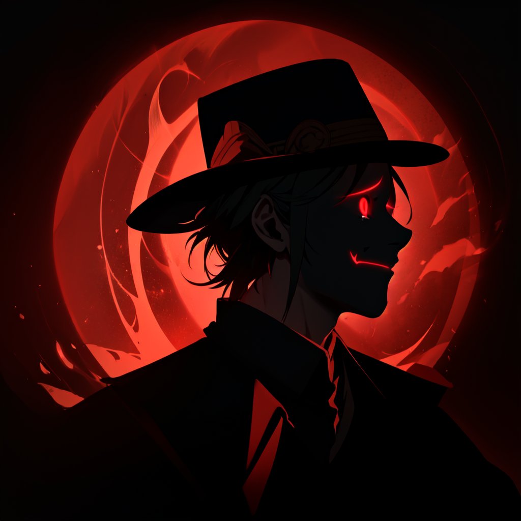 a silhouette of a handsome man wearing a hat, Black shadow inside a red circle, glowing red eyes, He wears a glowing red smiling mask, crying_tears