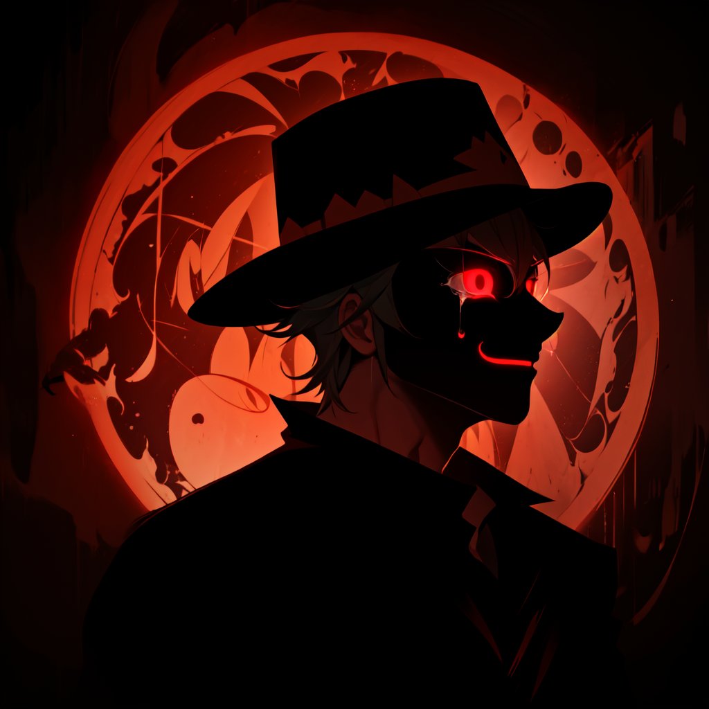 a silhouette of a handsome man wearing a hat, Black shadow inside a red circle, glowing red eyes, He wears a glowing red smiling mask, crying, crying_with_eyes_open