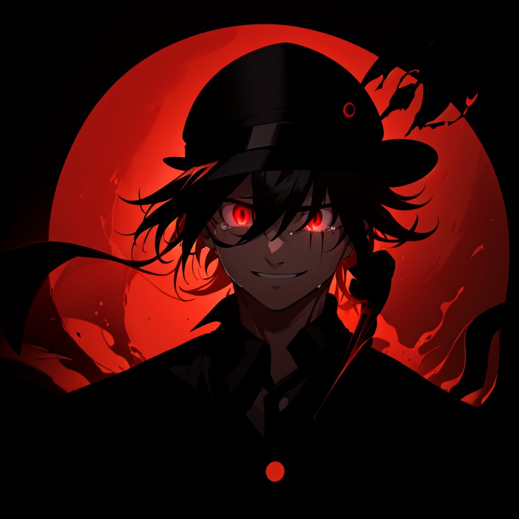 a silhouette of a handsome man wearing a hat, Black shadow inside a red circle, glowing red eyes, He wears a glowing red smiling mask, crying_tears