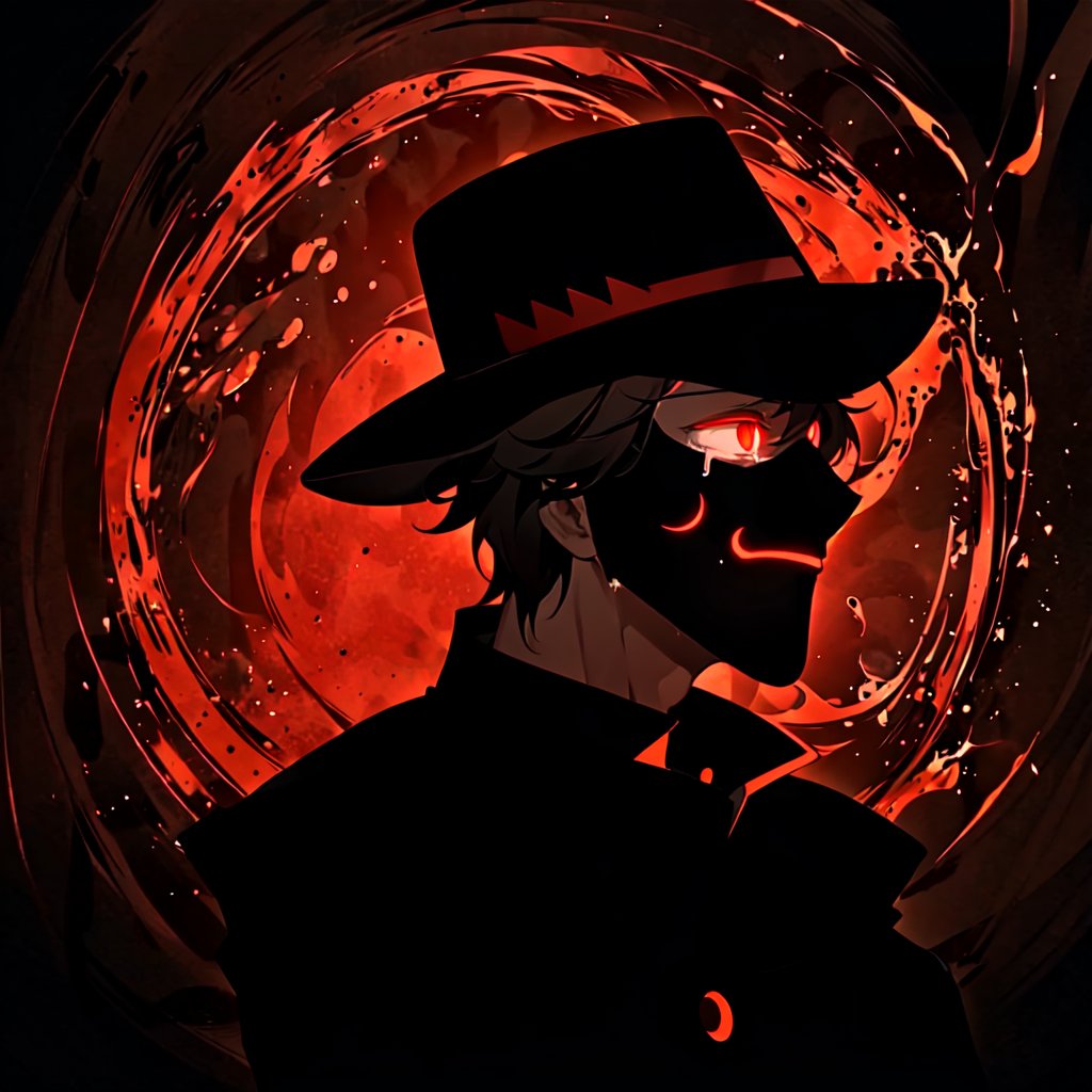 a silhouette of a handsome man wearing a hat, Black shadow inside a red circle, glowing red eyes, He wears a glowing red smiling mask, crying, crying_with_eyes_open