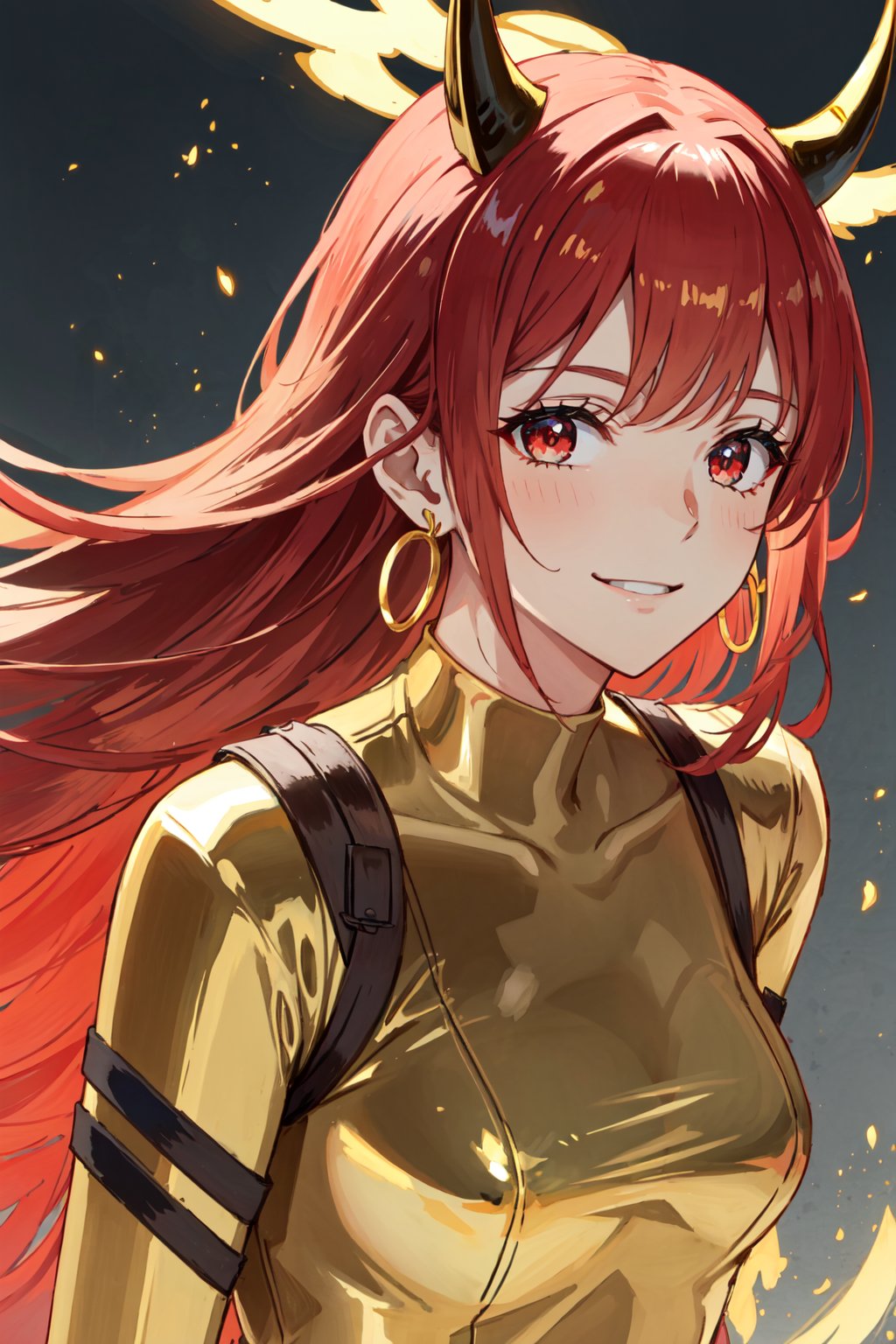(realistic:1.2), (masterpiece, best quality, ultra-detailed), (beautiful detailed face, beautiful detailed eyes, volumetric lighting), yamato\(one piece\), hair ornament, oni, earrings, 1girl, hoop earrings, red hair, looking at viewer, smile on the face, red eyes, solo, curled horns, horns, green hair, long hair, jewelry, small breasts, blush, two red horns, golden shiny speedo, shiny gold swimsuit, gold latex bodysuit, gold catsuit, very skin_tight, 