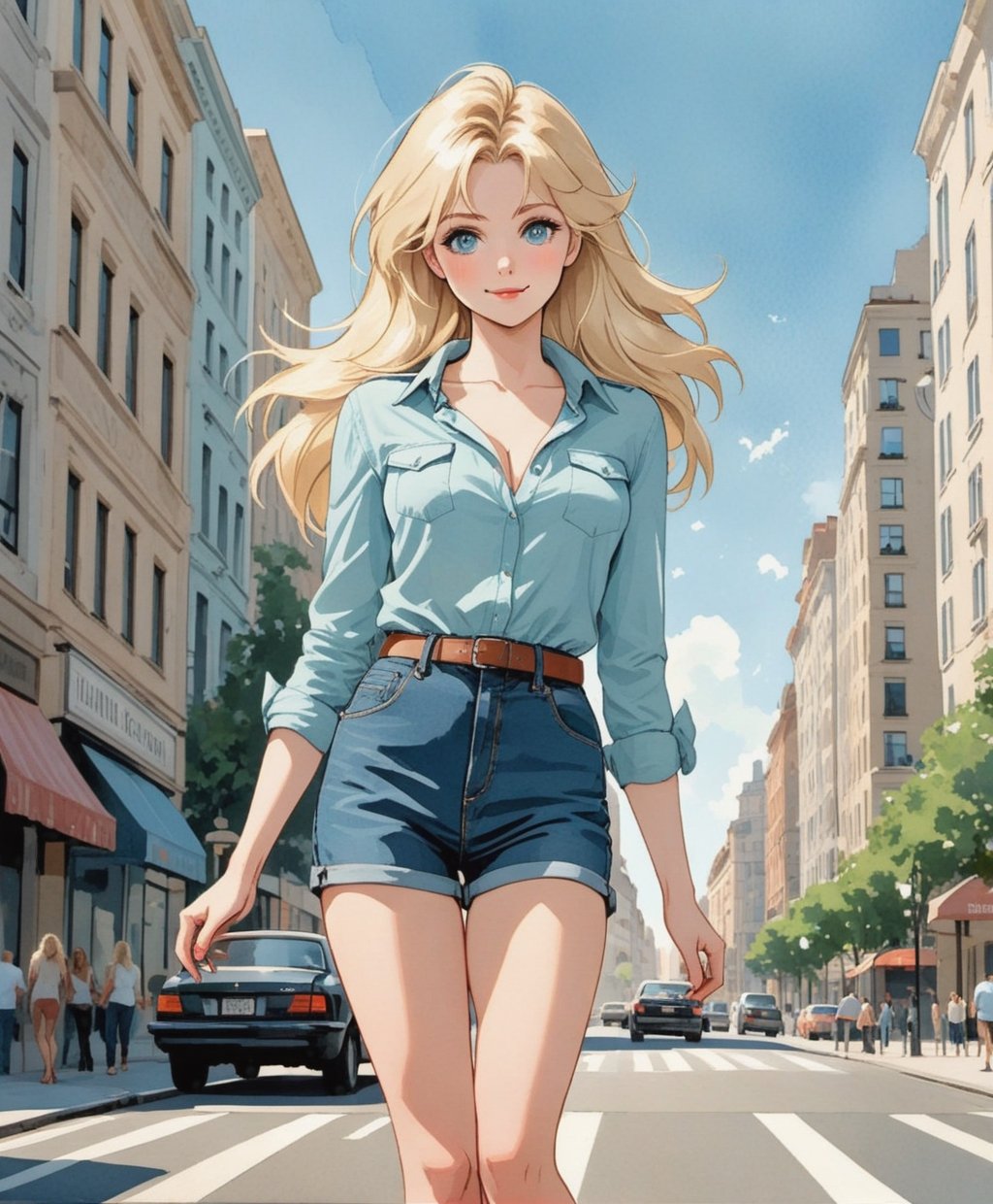 (Cinematic full body Photo:1.3) of (Ultra detailed:1.3) in the style of emotive body language, super pretty blond stright hair female standing in city, flirty eyes,(casual summer clothes), perfect torpedo breasts, hands on back, Claire Gerhardstein, spreading, spread, ,cutewave, aquamarine pastel colors, flirty smile , sensual facial expression,Highly Detailed, high heels ,flat design,Flat vector art,linewatercolorsdxl,Vector illustration