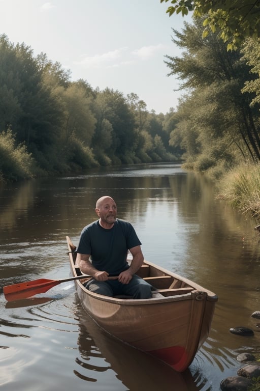 A man, 40 years, talking to (an ethereal ghost).  The man is on a river and is about to board a canoe