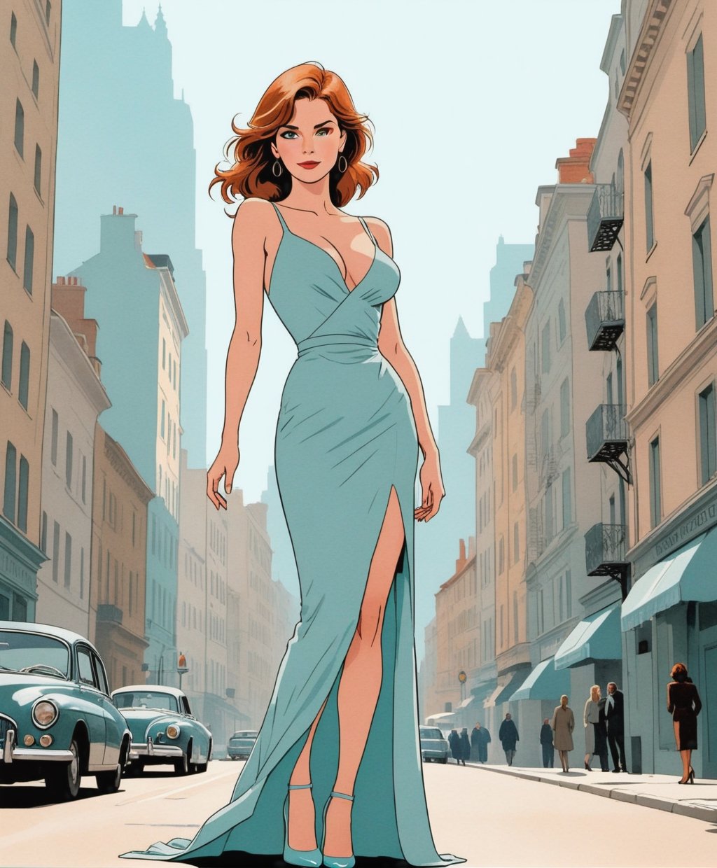 (Cinematic full body Photo:1.3) of (Ultra detailed:1.3) in the style of emotive body language, super pretty female standing in city, flirty eyes,(elegant classy clothes), perfect torpedo breasts, hands on back, Sienna Guillory, spreading, spread, ,cutewave, aquamarine pastel colors, flirty smile , sensual facial expression,Highly Detailed, high heels ,flat design,Flat vector art,linewatercolorsdxl