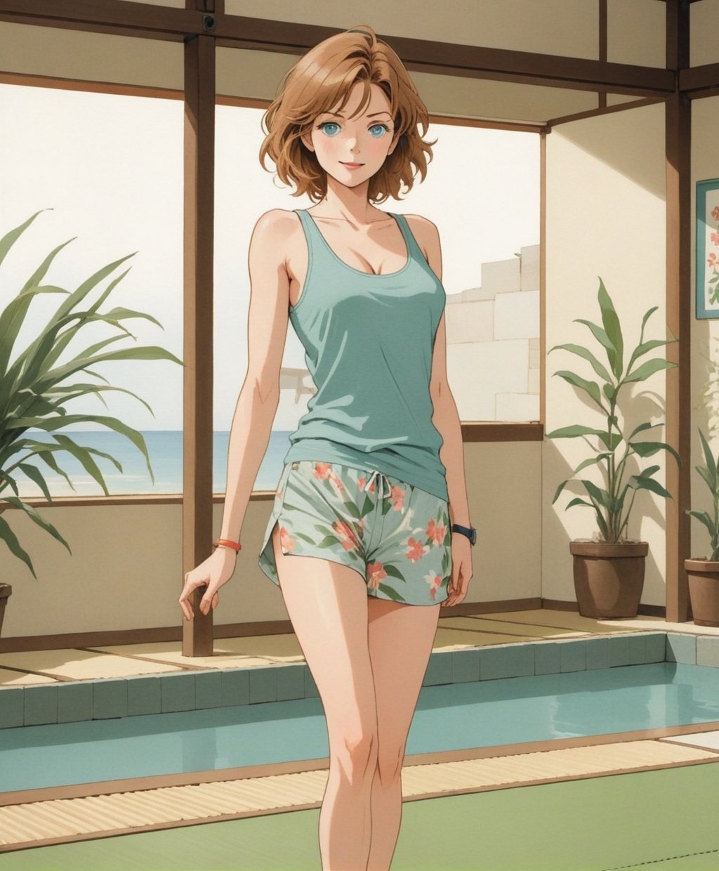 (Cinematic full body Photo:1.3) of (Ultra detailed:1.3) in the style of emotive body language, super pretty female standing in tatami, flirty eyes,(tank top), perfect torpedo breasts, hands on back, Sienna Guillory, spreading, spread, bikini bottom, ,cutewave, aquamarine pastel colors, flirty smile , sensual facial expression,Highly Detailed, high heels ,flat design,Flat vector art,linewatercolorsdxl