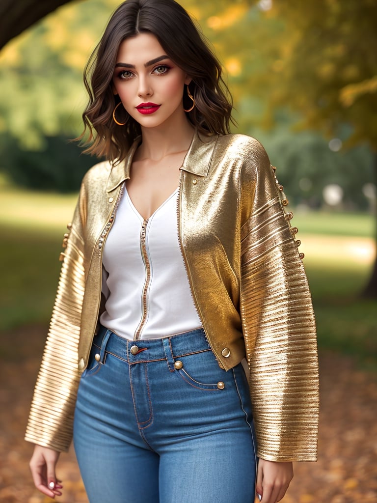 Ultra realistic ((full body photo)) of petite  italian female model  modeling upscale dolman sleeve travel inspired grunge knit silk outfit with cool metallic elements zippers buttons clips. In a park,Makeup,beautiful,detailed eyes,detailed lips,modelshoot style