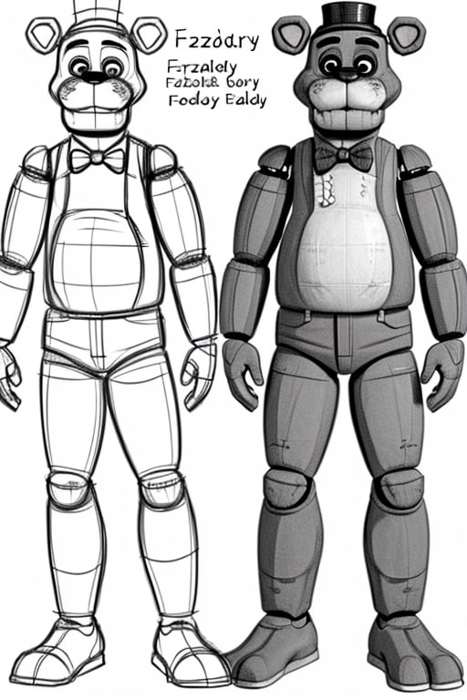 draft, outline, monochrome,  reference sheet, drawing Freddy Fazbear ,freddy fazbear