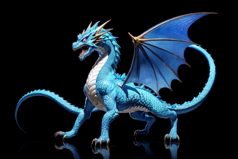 (masterpiece), front shot,(((looking for the viewer))),A Japanese baby cute flying monster blue golden Gozilla, the image is 8k quality, the dragon has shiny scales and a golden mane,In the simple black background 