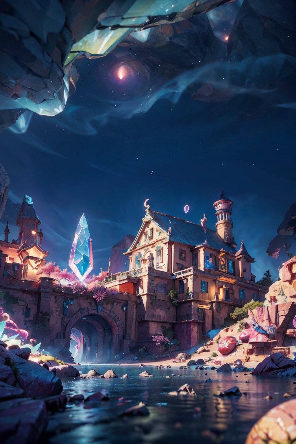 `extremely detailed illustration of a cosmic deity, detailed cosmos background, backlit, highly illuminated, colorful crystal, floating hair, closeup, visually rich, manga, whimsical, JRPG, enchanting, emotionally evocative, detailed environment, fantastical, imaginative, visually rich, atmospheric, zoomed, flat lighting, 2d, cartoon, vector, rocks,