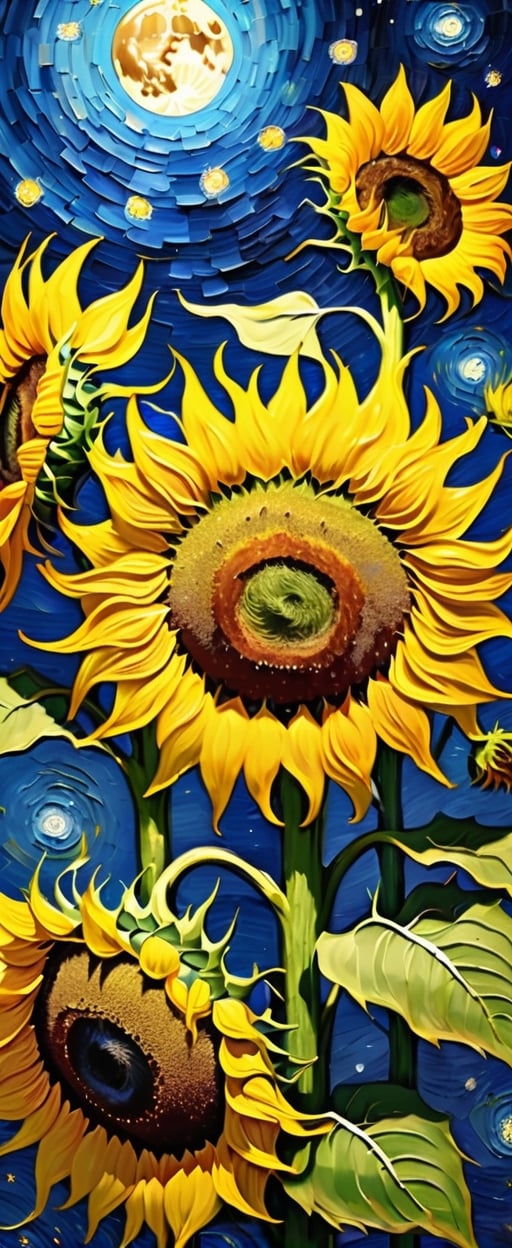 By Van gogh, stars, moon, night,sunflowers in the Japanese vace , oil painting, highly detailed, sharpness, dynamic lighting, super detailing, van gogh starry nights background,painterley effect, post impressionism,oil painting, 