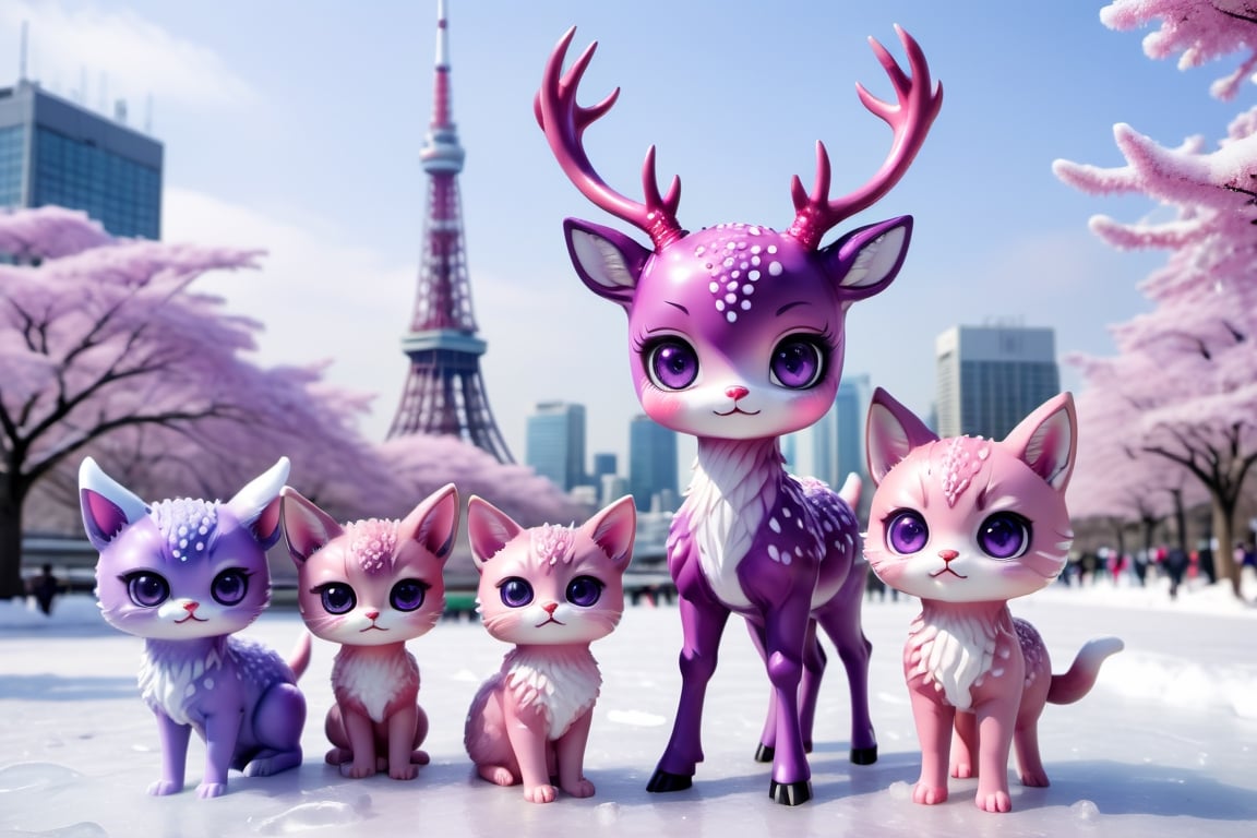 In the ice world in Tokyo city background, tokyo tower,ice building , full body,five medium close-up reveals a charming  purple pink chibi monsters with a multitude of endearing eyes. This realistic photograph showcases an incredible level of deer and cat , inviting the viewer to marvel at the exquisite intricacies of the creature's features. The soft, faded photo adds a nostalgic touch to the already mesmerizing image, enhancing its visual appeal. With its adorable appearance and impeccable clarity in stunning 4k resolution, this remarkable image effortlessly captivates the audience's attention.