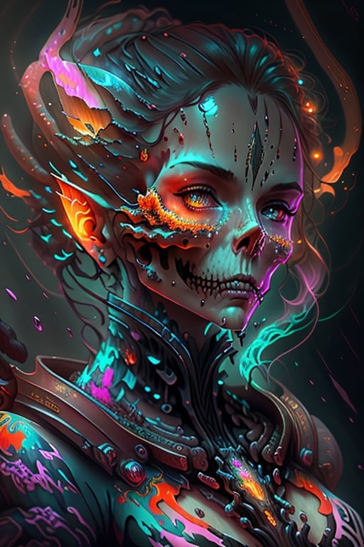 StarCraft Inspired, fantasy concept art in a vivid cinematic style with heavy strokes of paint dripping, complementary colors and perfect face features. This masterpiece is intricately detailed with sharp focus on the supple female form, created using ultra-realistic techniques such as oil painting and watercolor style. The splash screen boasts 16k resolution, hyperdetailed details inspired by artists like Glenn Brown, Carne Griffiths, Alex Ross, Artgerm and James Jean, with atmospheric lighting reminiscent of unreal engine fantastical scenes. This deviantart masterpiece has a neon ambiance complemented by muted colors creating an epic artstation piece perfect for use as a splash arts or tilt-shift camera spotlight, random00, creature00d, orange00d, skull