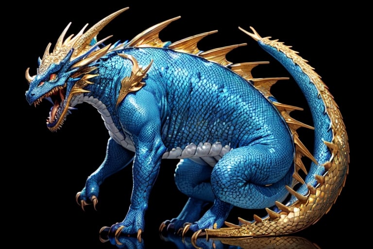 (masterpiece), front shot,(((looking for the viewer))),A Japanese baby cute monster blue golden Gozilla, the image is 8k quality, the dragon has shiny scales and a golden mane,In the simple black background 