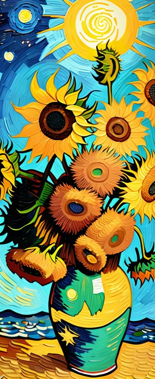 By Van gogh, Sun, sunflowers in the Japanese vace , oil painting, highly detailed, sharpness, dynamic lighting, super detailing, van gogh starry nights background, painterley effect, post impressionism, ,oil painting, tropical beach