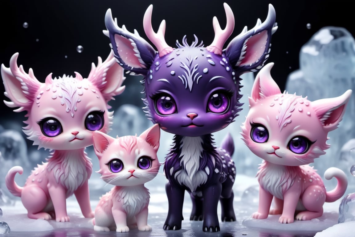 In the ice world in Tokyo city black background, full body,five medium close-up reveals a charming  purple pink chibi monsters with a multitude of endearing eyes. This realistic photograph showcases an incredible level of deer and cat , inviting the viewer to marvel at the exquisite intricacies of the creature's features. The soft, faded photo adds a nostalgic touch to the already mesmerizing image, enhancing its visual appeal. With its adorable appearance and impeccable clarity in stunning 4k resolution, this remarkable image effortlessly captivates the audience's attention.