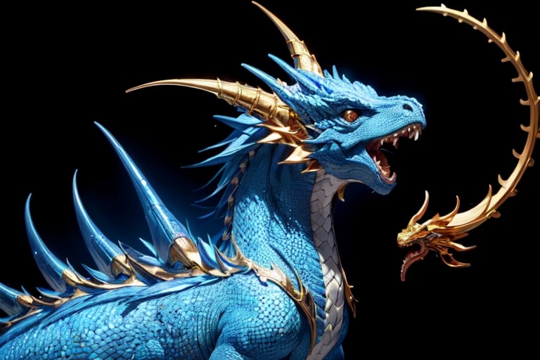 (masterpiece), front shot,(((looking for the viewer))),A Japanese baby cute monster blue golden Gozilla, the image is 8k quality, the dragon has shiny scales and a golden mane,In the simple black background 