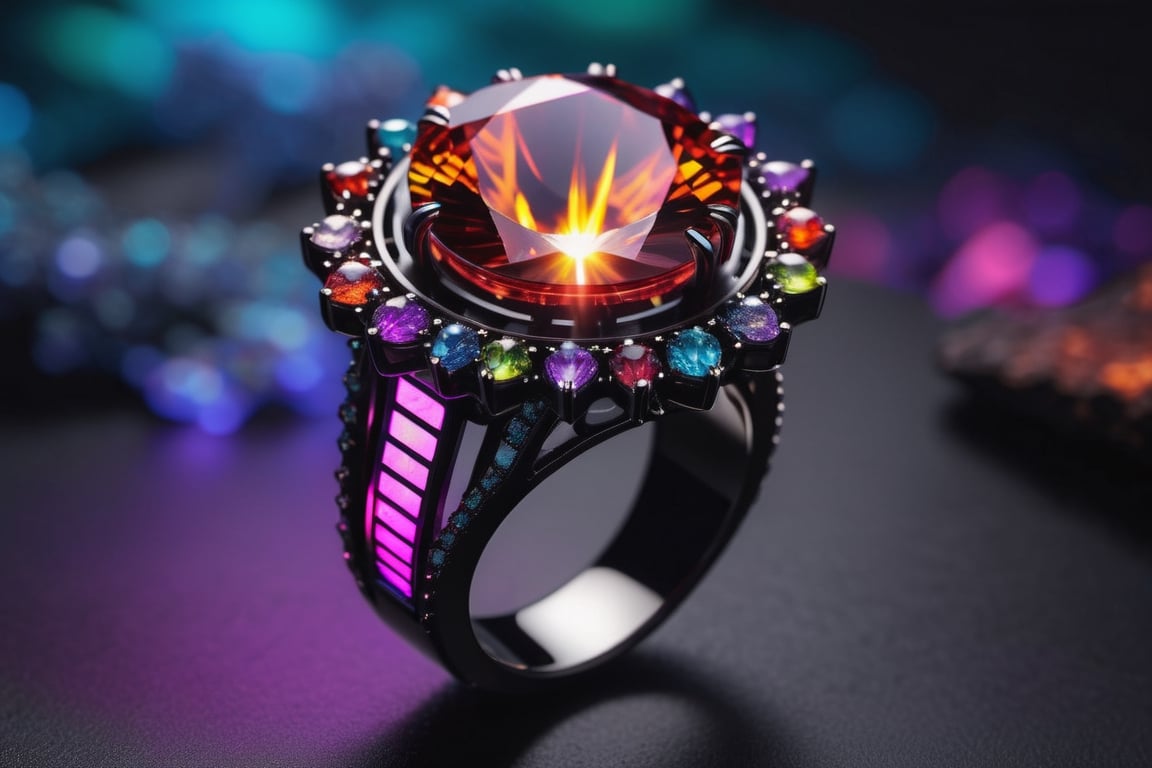 When you look long into an abyss, the abyss looks into you, a big future design ring with a colorful stones and IT sensor, on fire 