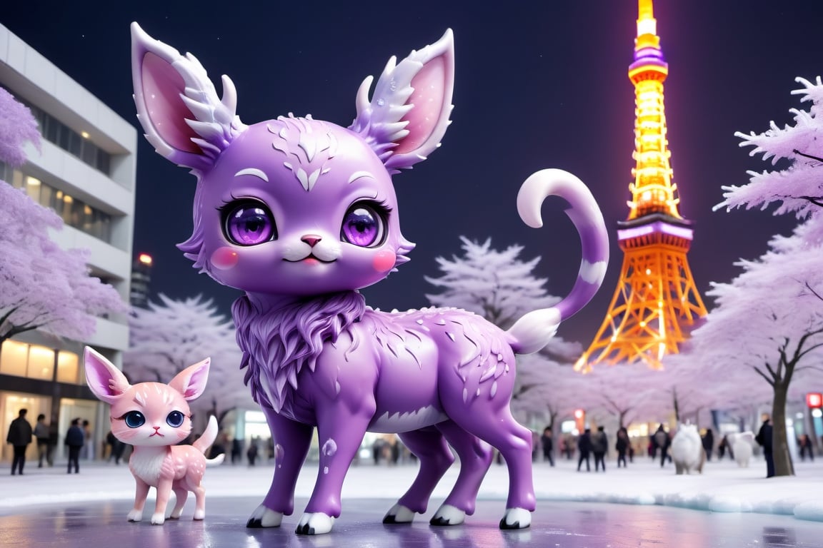 In the ice world in Tokyo city background, tokyo tower,ice building , full body,five medium close-up reveals a charming  purple pink chibi monsters with a multitude of endearing eyes. This realistic photograph showcases an incredible level of deer and cat , inviting the viewer to marvel at the exquisite intricacies of the creature's features. The soft, faded photo adds a nostalgic touch to the already mesmerizing image, enhancing its visual appeal. With its adorable appearance and impeccable clarity in stunning 4k resolution, this remarkable image effortlessly captivates the audience's attention.