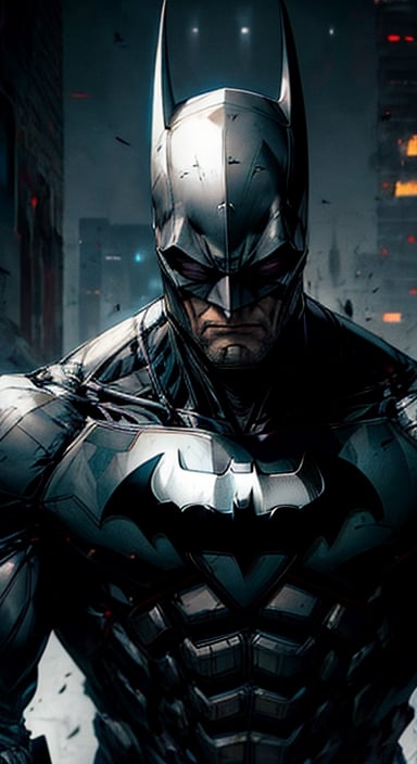 batman in a futuristic suit with a helmet and a sword, inspired by Raymond Swanland, batman mecha, style of raymond swanland, cyberpunk batman, high detail iconic character, inspired by Marek Okon, cyborg dc, high quality digital concept art, cyborg portrait, detailed portrait of a cyborg, high detail comic book art, by Raymond Swanland, cg artist,r1ge
