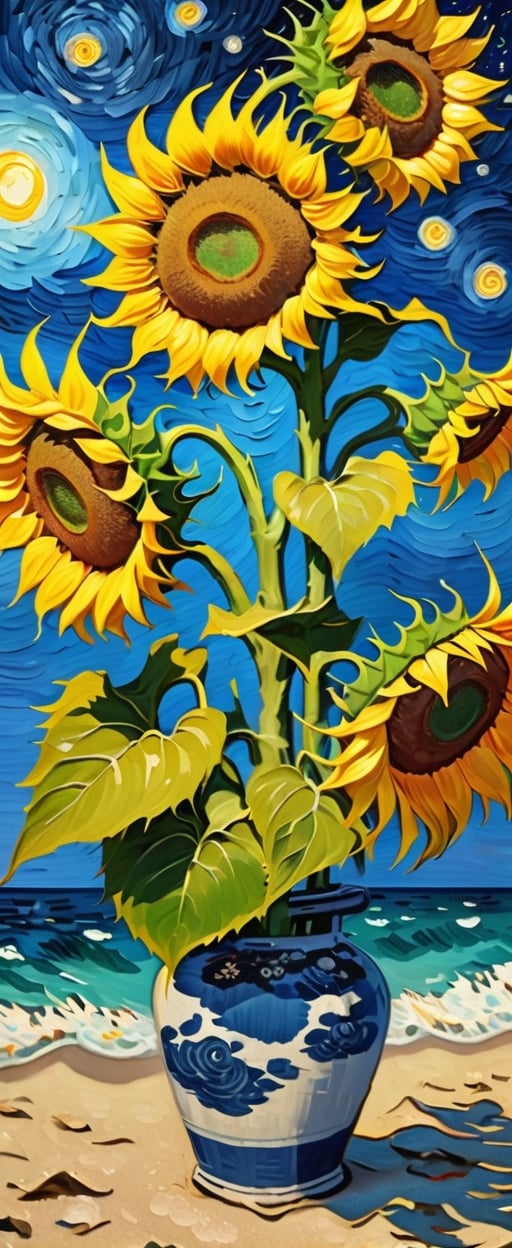 By Van gogh, Sun, sunflowers in the Japanese vace , oil painting, highly detailed, sharpness, dynamic lighting, super detailing, van gogh starry nights background, painterley effect, post impressionism, ,oil painting, tropical beach