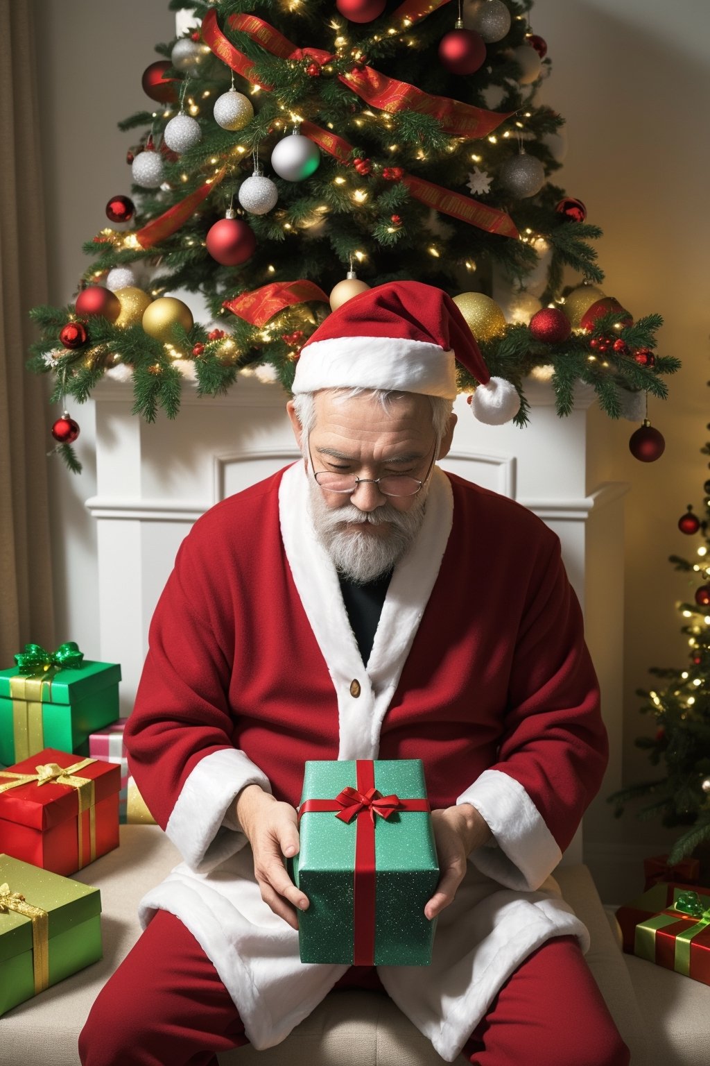 masterpiece, 8k, raw, 50yo Santa Claus ,boring , eyes closed, exhusted from decorating living room with Christmas decors, christmas tree, ribbon, christmas cards, presents, extreme festive,