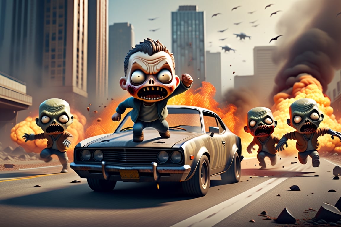 chibi, chibi style,, (masterpiece, top quality, best quality, beautiful and aesthetic), extremely detailed, hyper realistic, (Cinmatic:0.4), photorrealistic, detailed face, high_res, people running away in fear being chased by 10 vicious grey skin zombies on the highway, overturned and burning cars in the background, debris scatter around, cinematic, action_pose, movie still, cinematic, action_pose, movie still, funny,
