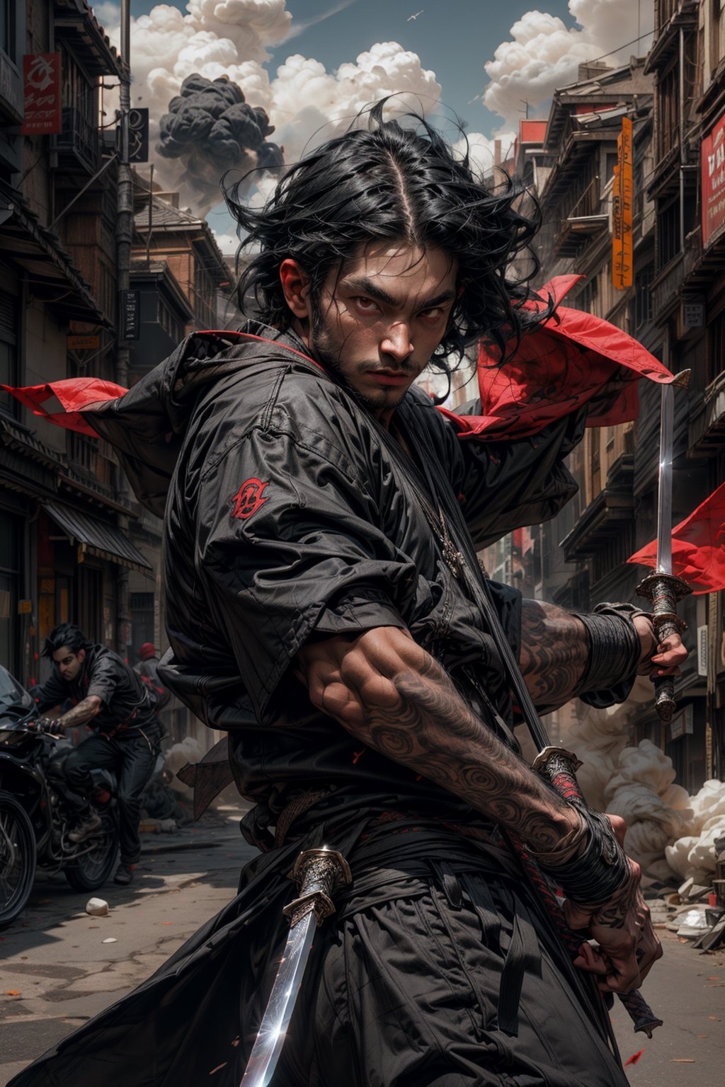 A Man with black hair,red eyes,Indian origin)) wearing Urban Street Style,white skin,background_detailed,eyes_detailed_v2,weapon,sword,colorful_style,add_more_details,perfecteyes,high_detailed.,cloud,swinging sword,slashing