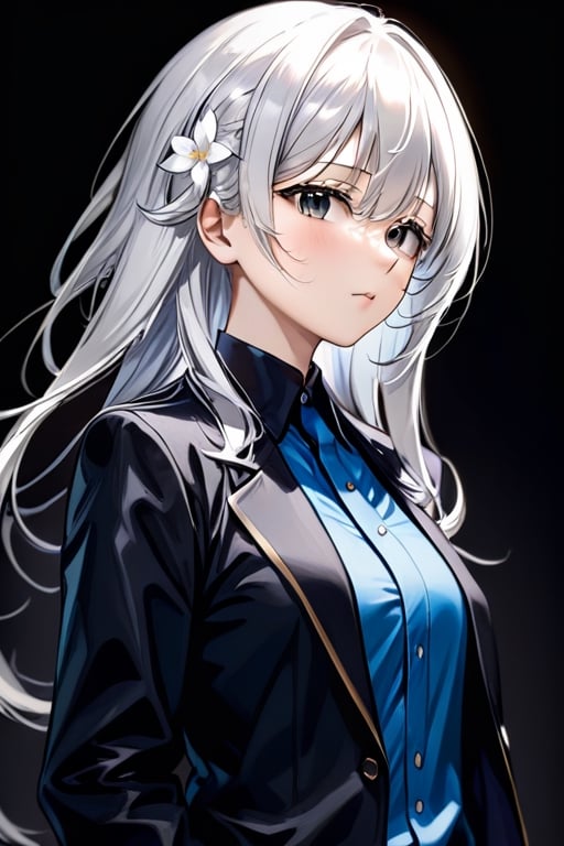 a person with white hair and a blue shirt and a black jacket and a dark background, Chizuko Yoshida, remodernism, official art, a character portrait