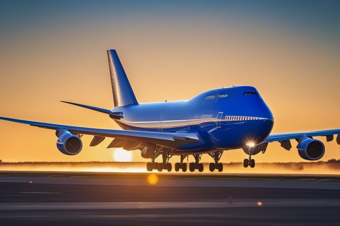 a blue boeing 747 landing on an airport track. high detail. anime style. clear sky. cinematic light.golden hour.