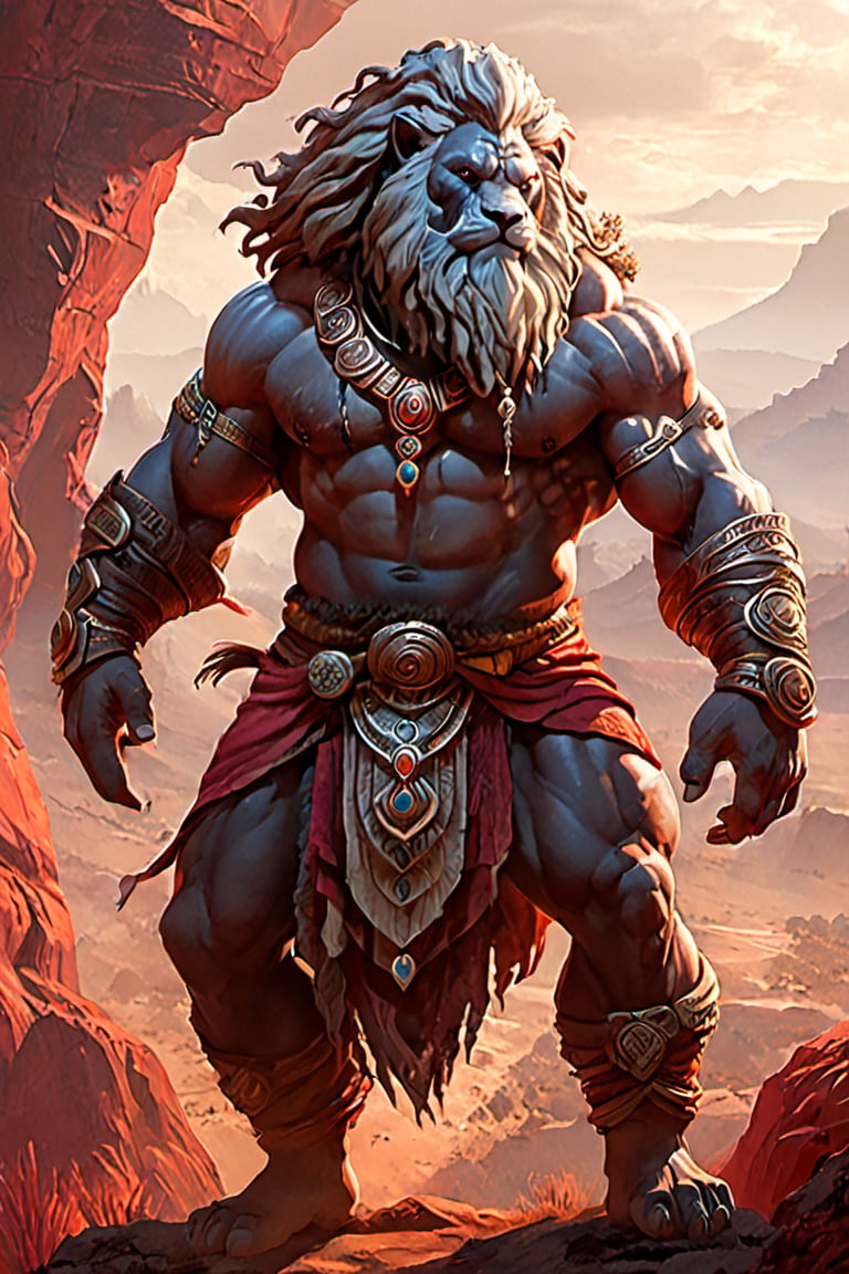 Ajani stands tall, his imposing figure set against a desolate, crimson-hued landscape. The Nacatl Pariah's piercing gaze fixes on something in the distance, his rugged features etched with determination. In his hand, an ancient amulet glows softly, imbuing him with a sense of purpose and strength. Framed by jagged rock formations, Ajani's pose exudes quiet confidence, his broad shoulders squared against the unforgiving terrain.