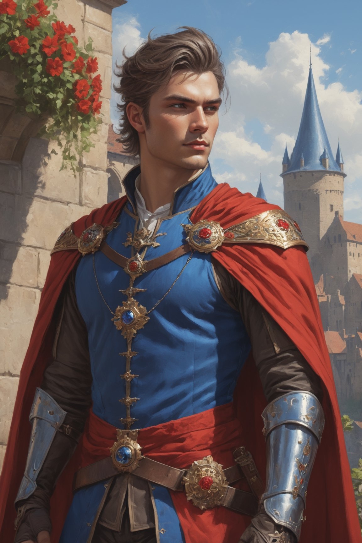 medieval young king standing outside city of carcassonne, king is wearing blue and red royal clothes with a cape by stanley artgerm lau, wlop, rossdraws, frank frazetta, andrei riabovitchev, marc simonetti, tranding on artstation. portrait steampunk cyborg with flowers in his hair 4k ultra detailed