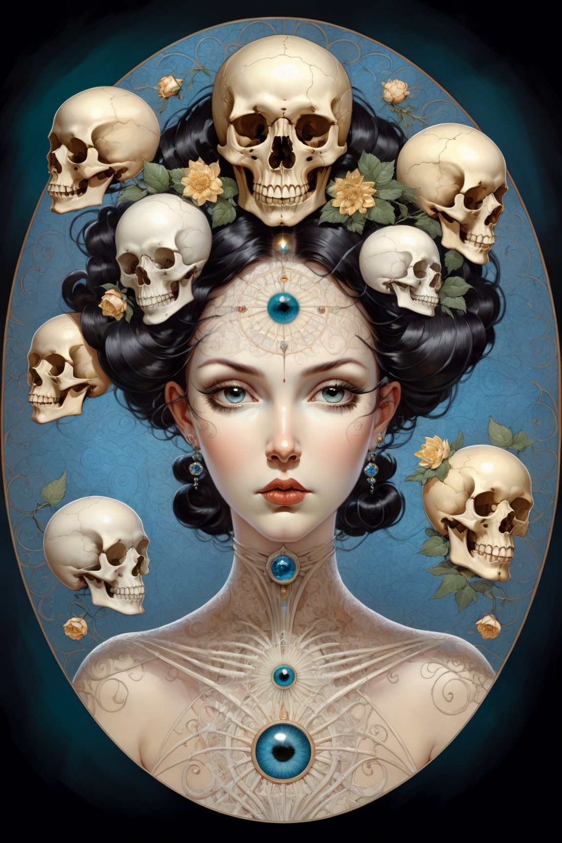 Memento Mori by Karol Bak, Jean Deville, Gustav Klimt, and Vincent Van Gogh, beautiful visionary mystical calavera portrait, otherworldly, botanical organic fractal structures by William Morris, ornate gilded medieval icon, third eye, spirals head and shoulders portrait of battle angel alita, Apex Legends illustration, medium shot, intricate, elegant, highly detailed, digital art, ffffound, art by gil elvgren and greg manchess and sachin teng