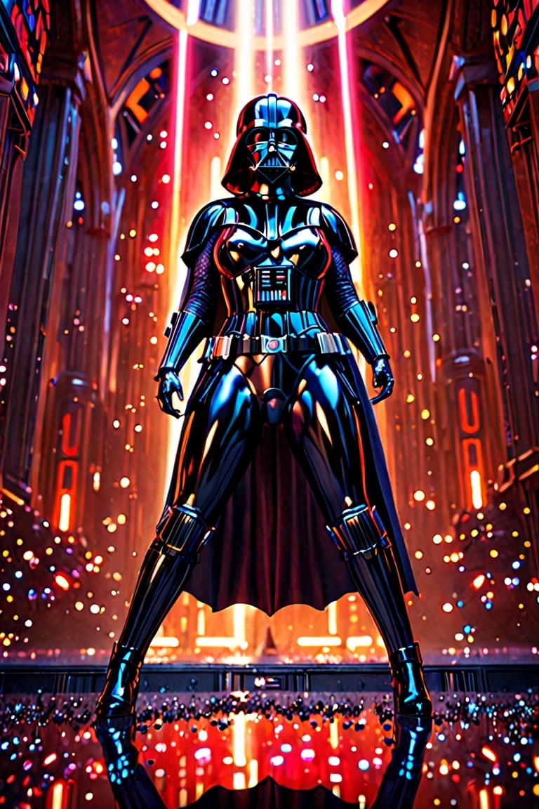 detailed fullbody digital art photograph of sexy female (female darth vader), big very round boobs and ass body, dynamic pose, sheen, reflections, unreal engine, reflection, sparkles, lensflare, depth of field, color bleed. a gorgeous and detailed background by barlowe wayne, maxfield parrish and marco mazzoni.