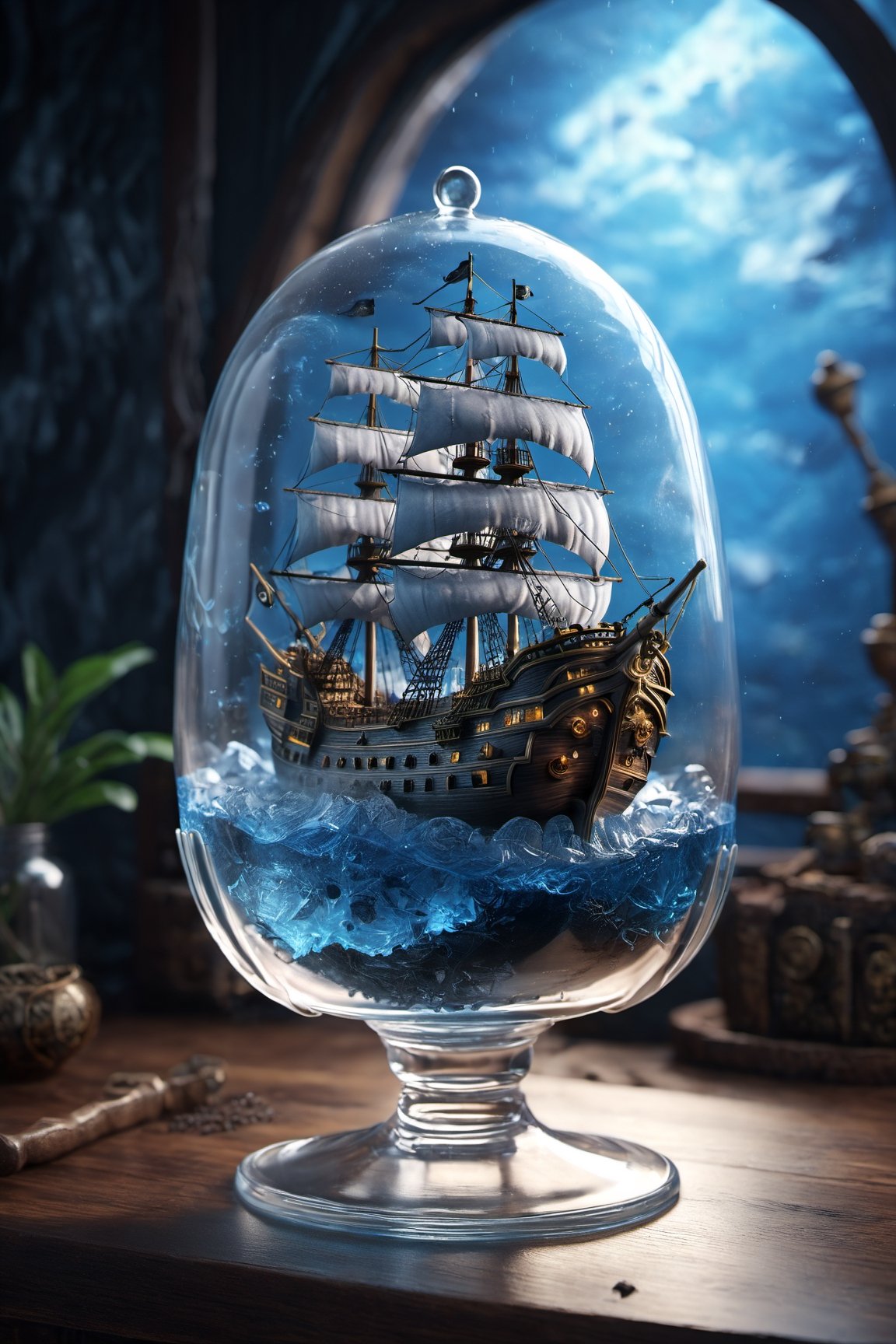 universal consciousness expanding, cosmic chaos energy a pirate ship inside a glass full of blue tea, high quality render, artstation, Unreal engine 5, octane render, 4k, dark gray background