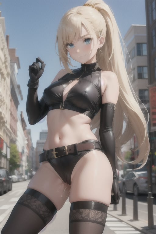 solo, gloves, hair slicked back, long hair, jewelry, navel, thighhighs, earrings, elbow gloves,, blue eyes, midriff, city background, belt, black gloves, very long hair, city background, smile, black thighhighs, yellow_hair, looking at viewer, nude small breasts, showing tits, showing nipples, uncensored, showing pussy, showing ass, anal, pussy juice