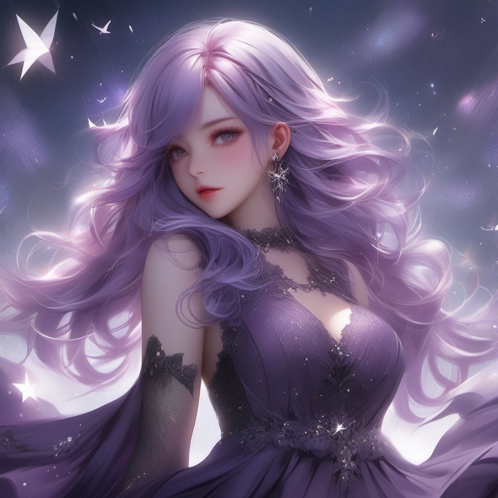 ((masterpiece:1.4)), ((best quality:1.4)), ((ultra_highres)), 8k, 1girl, purple_hair, glitters, super HD, dark, upper_body, purple dress, ultra_detailed, pixiv, trending on danbooru, ((anime style)), niji-5